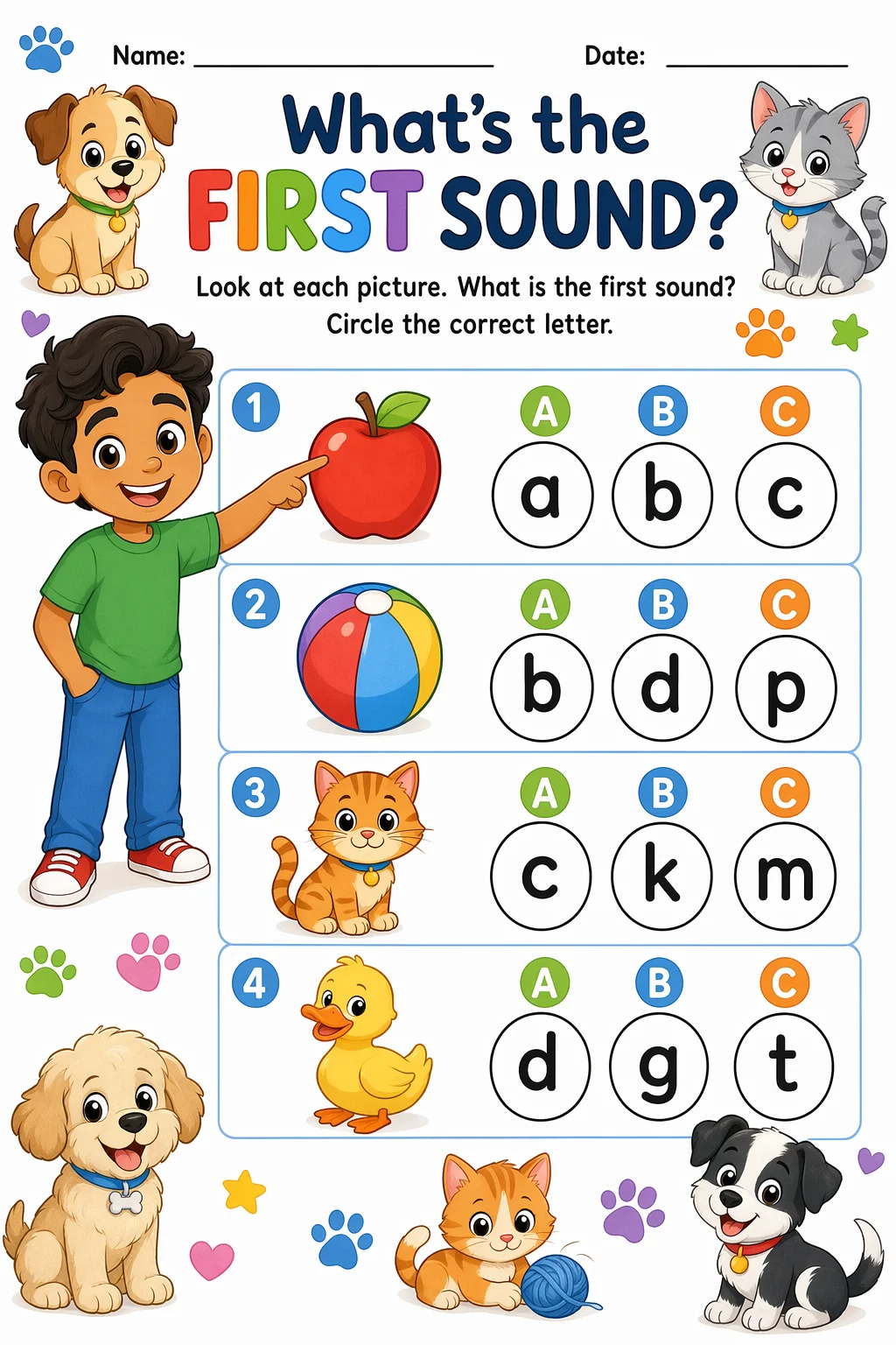 Letter Sounds Worksheet — pets — free coloring page
