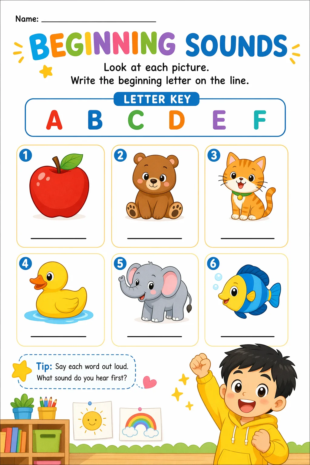Letter Sounds Worksheet — school room — free coloring page