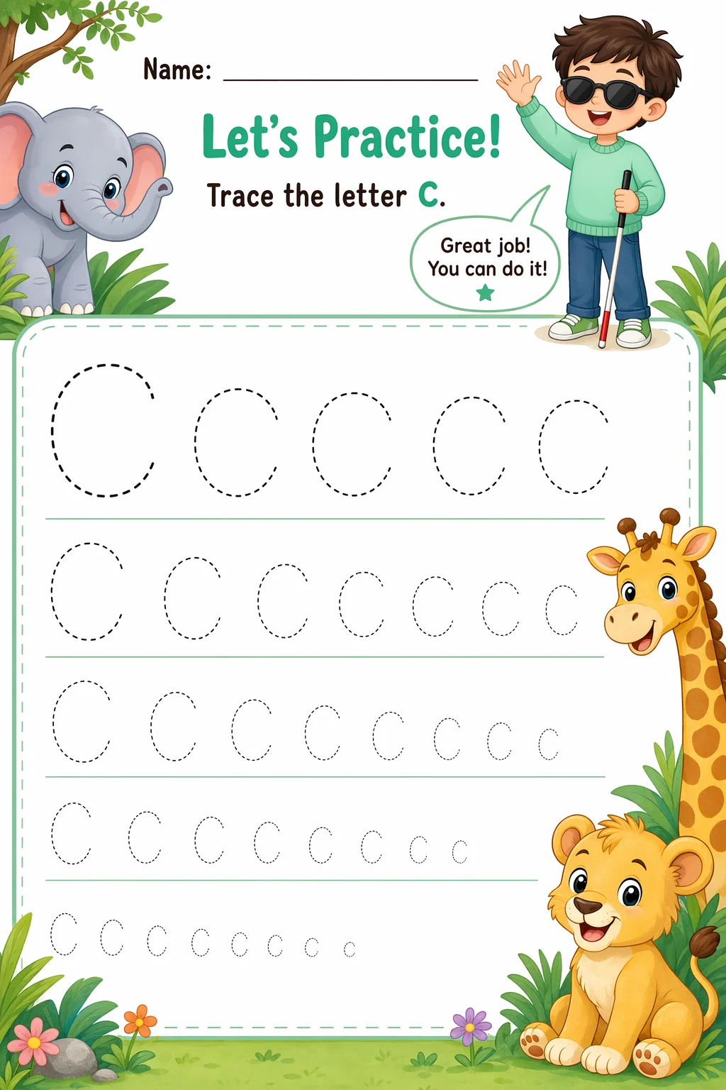 Letter Tracing Worksheet — zoo animals — free coloring page