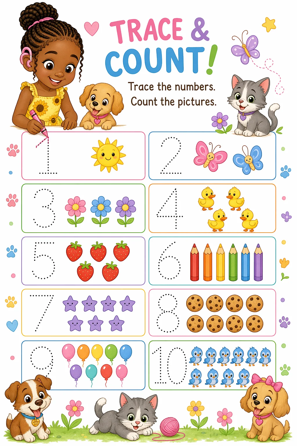 Counting Worksheet — pets — free coloring page