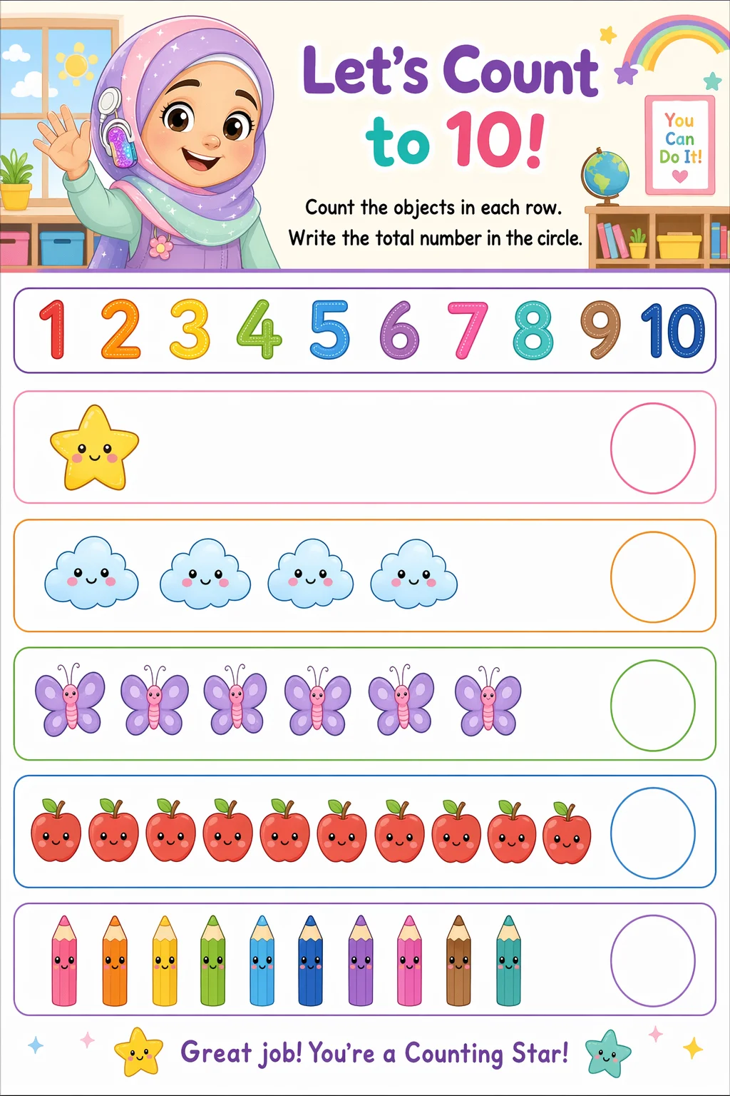 Counting Worksheet — school room — free coloring page