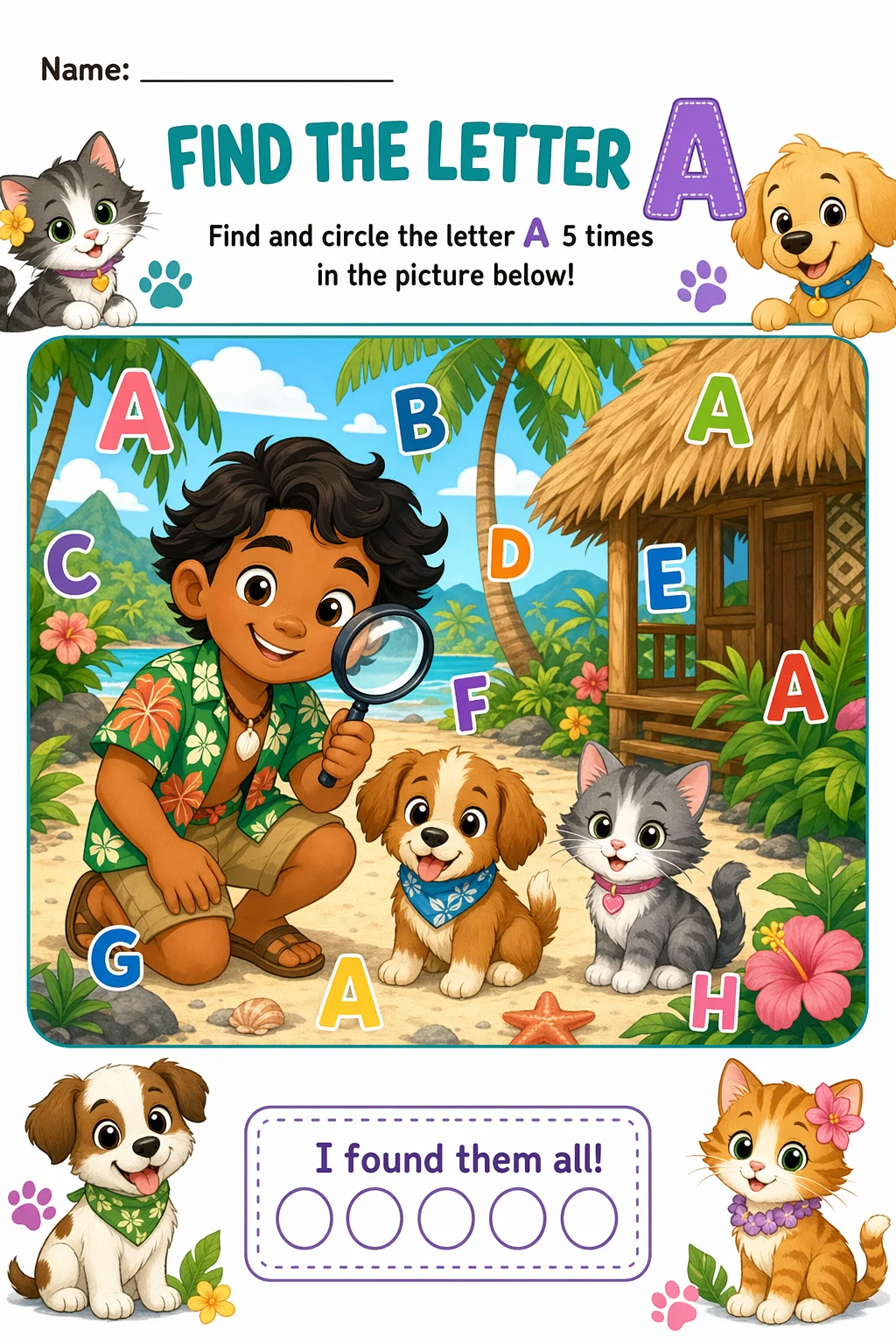 Letter Recognition Worksheet — pets — free coloring page