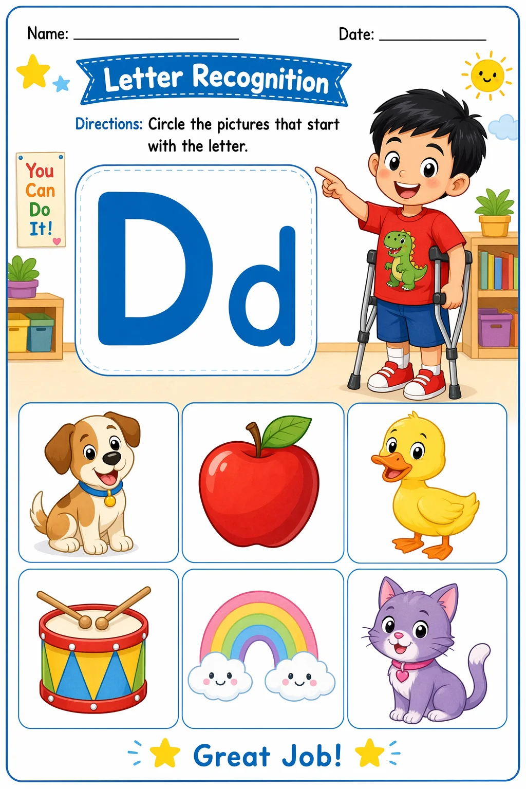 Letter Recognition Worksheet — school room — free coloring page