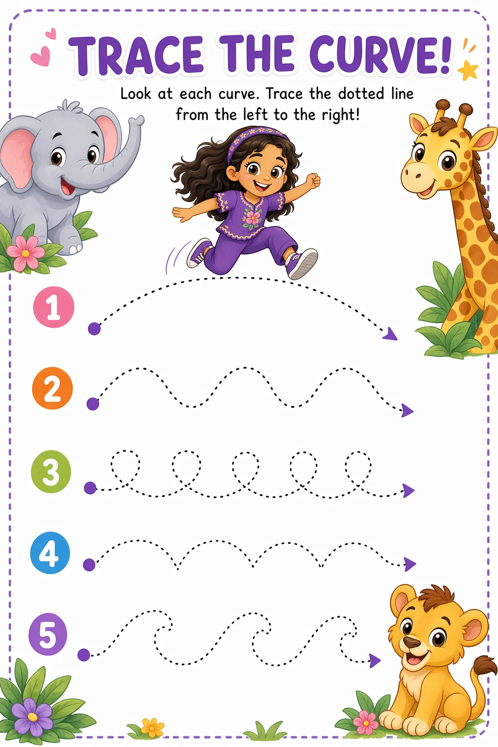 Line Tracing Worksheet — zoo animals — free coloring page